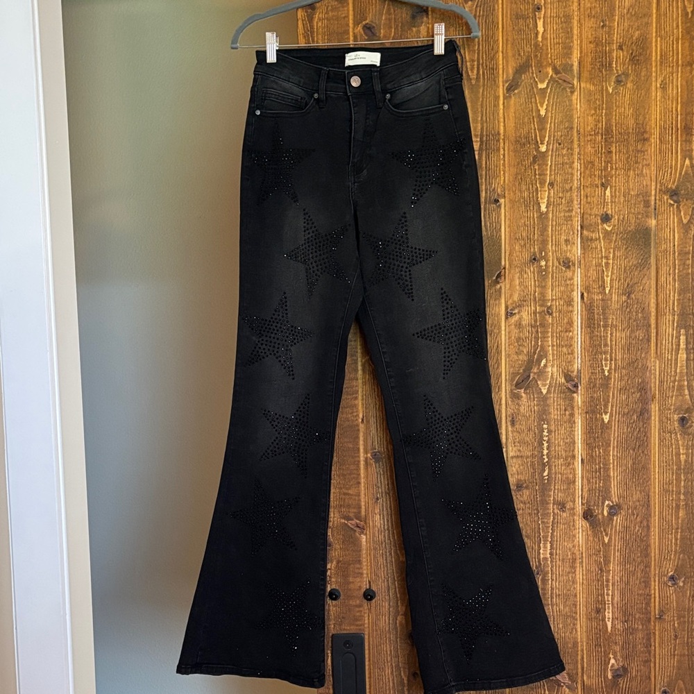 Sterling and Stitch Black Star Patterned Flared Jeans